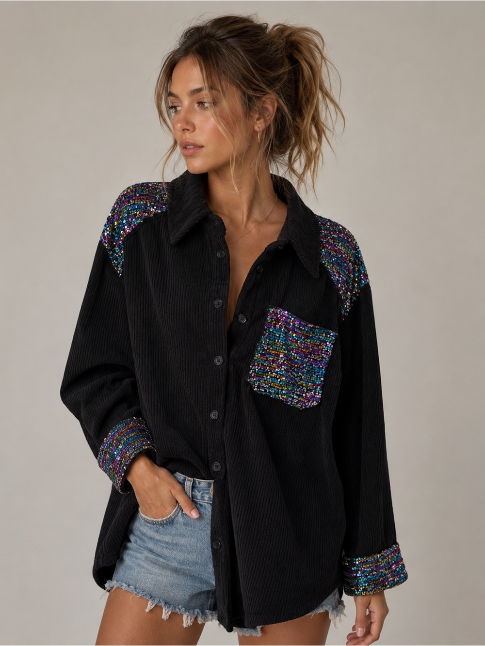 Umgee Black Ribbed Knit Top With sequin embellishments